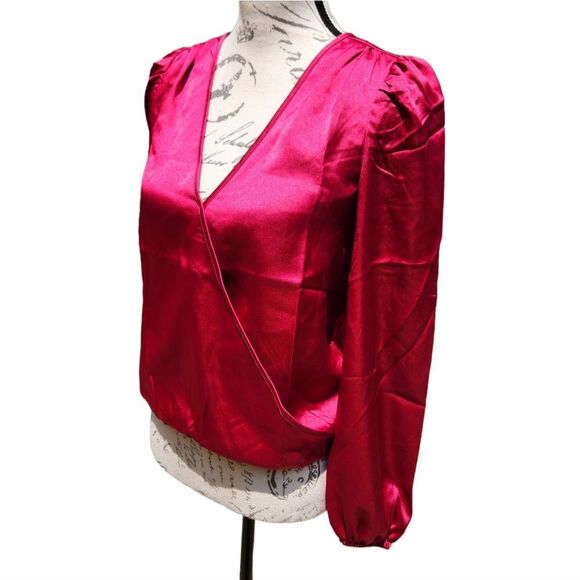Sincerely Jules‎ -523 Faux Wrap Long Sleeve Fuchsia Hibiscus Top Blouse NWT XS - Picture 2 of 9